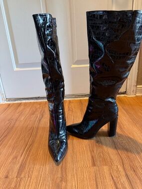 Black Patent Croc Knee High Boots Pointed Toe Block Heel